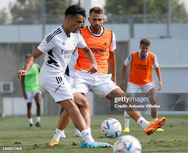 Reinier Jesus Carvalho and Borja Mayoral players of Real Madrid are training at Valdebebas training ground on July 11, 2022 in Madrid, Spain.