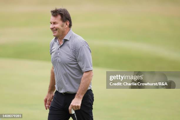 Sir Nick Faldo of England reacts during the Celebration of Champions prior to The 150th Open at St Andrews Old Course on July 11, 2022 in St Andrews,...