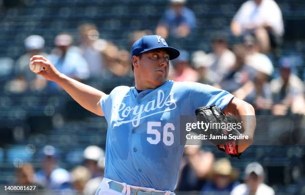 Starting pitcher Brad Keller of the Kansas City Royals pitches during the 1st inning of game one of a doubleheader against the Detroit Tigers at...