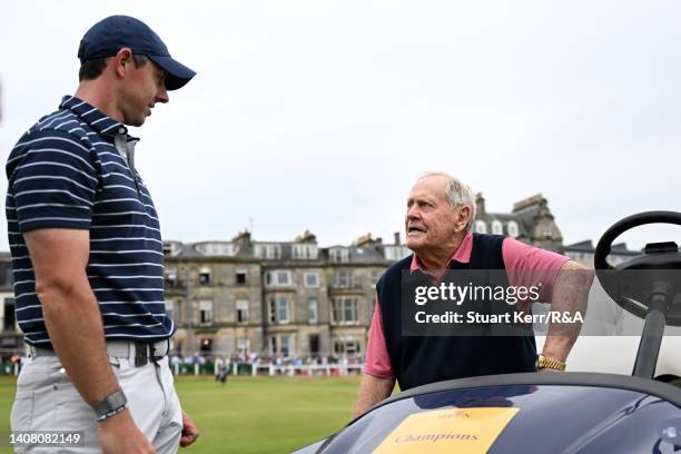Jack Nicklaus of the United States talks to Rory McIlroy of Northern Ireland during the Celebration of Champions prior to The 150th Open at St...