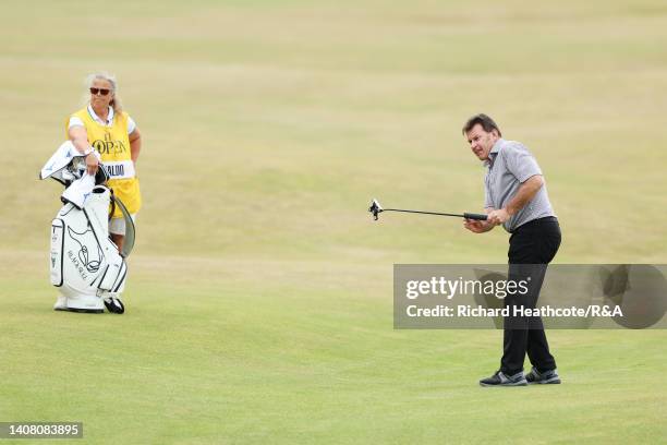 Sir Nick Faldo of England and caddie Fanny Sunesson during the Celebration of Champions prior to The 150th Open at St Andrews Old Course on July 11,...