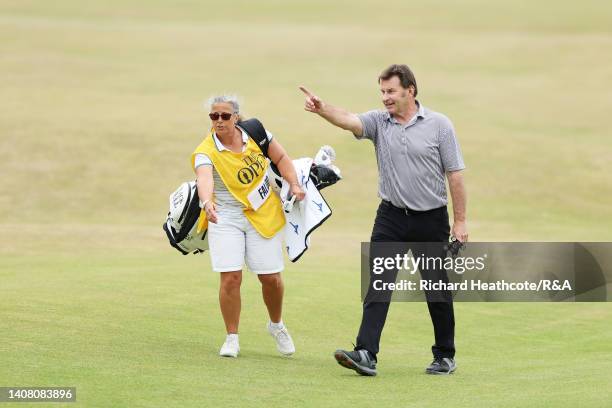 Sir Nick Faldo of England and caddie Fanny Sunesson during the Celebration of Champions prior to The 150th Open at St Andrews Old Course on July 11,...