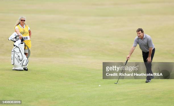 Sir Nick Faldo of England and caddie Fanny Sunesson during the Celebration of Champions prior to The 150th Open at St Andrews Old Course on July 11,...
