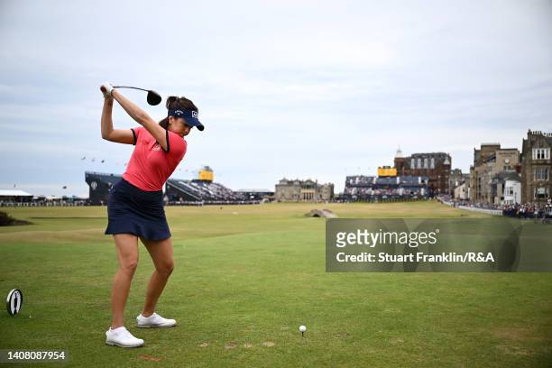 Georgia Hall of England plays his shot from the 18th tee during the Celebration of Champions prior to The 150th Open at St Andrews Old Course on July...