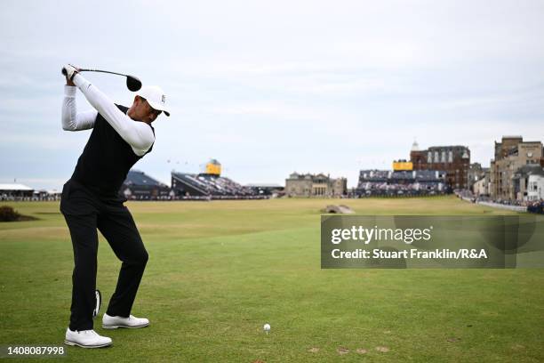 Tiger Woods of the United States plays his shot from the 18th tee during the Celebration of Champions prior to The 150th Open at St Andrews Old...