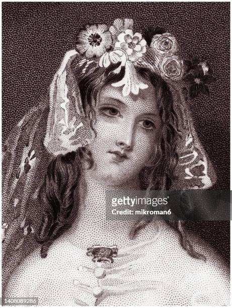 old engraved illustration of francesca foscari by joseph kenny meadows - wedding veil stock pictures, royalty-free photos & images
