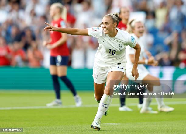 Georgia Stanway of England celebrates after scoring their team's first goal from the penalty spot during the UEFA Women's Euro 2022 group A match...