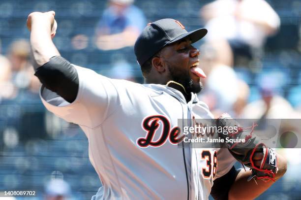 Starting pitcher Michael Pineda of the Detroit Tigers pitches during the 2nd inning of game one of a doubleheader against the Kansas City Royals at...