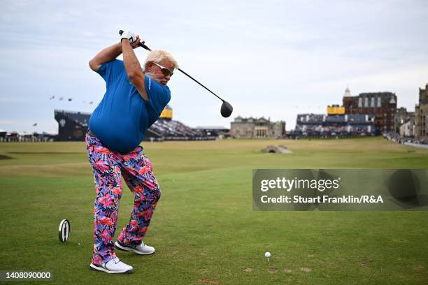 John Daly of the United States plays his shot from the 18th tee during the Celebration of Champions prior to The 150th Open at St Andrews Old Course...