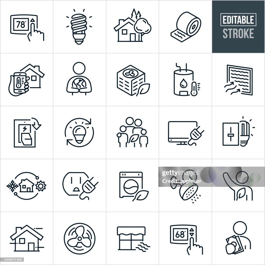 Energy Conservation Thin Line Icons - Editable Stroke
