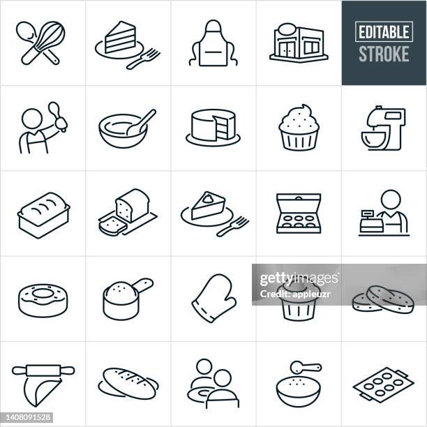 illustrazioni stock, clip art, cartoni animati e icone di tendenza di icone della linea sottile della panetteria - tratto modificabile - bakery outline