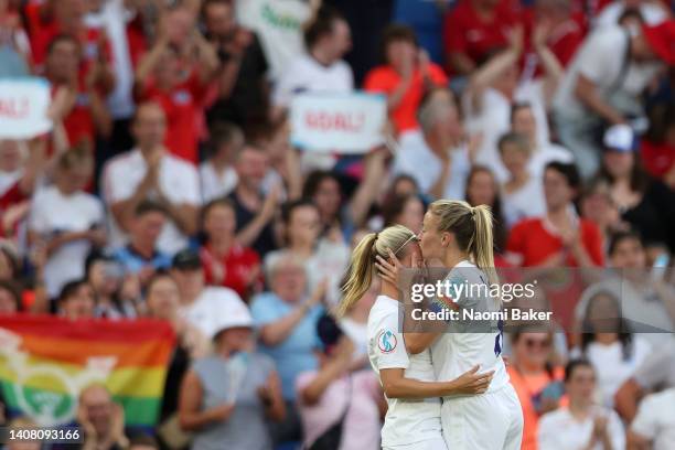 Beth Mead celebrates with Leah Williamson of England after scoring their team's fourth goal during the UEFA Women's Euro 2022 group A match between...