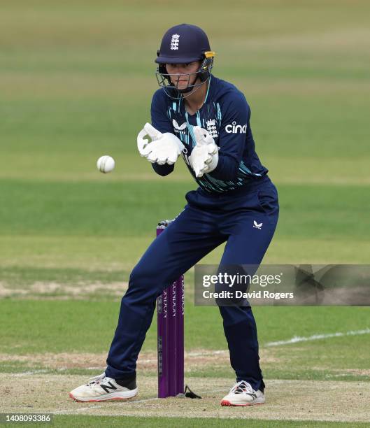 Amy Jones of England catches the ball during the 1st Royal London Series One Day International between England Women and South Africa Women at The...