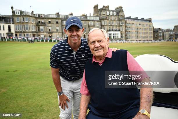 Rory McIlroy of Northern Ireland and Jack Nicklaus of the United States pose for a photo during the Celebration of Champions prior to The 150th Open...