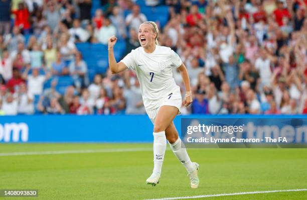 Beth Mead of England celebrates after scoring their team's fourth goal during the UEFA Women's Euro 2022 group A match between England and Norway at...