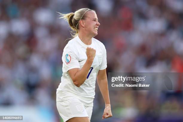 Beth Mead of England celebrates after scoring their team's fifth goal during the UEFA Women's Euro 2022 group A match between England and Norway at...