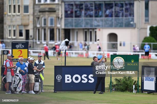 Nick Faldo hits his tee shot on hole number 2 during the Celebration of Champions prior to The 150th Open at St Andrews Old Course on July 11, 2022...