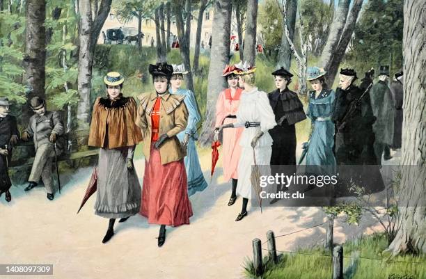 walk of the girls from the girls' boarding school, guided by a chaperon - 1895 stock illustrations