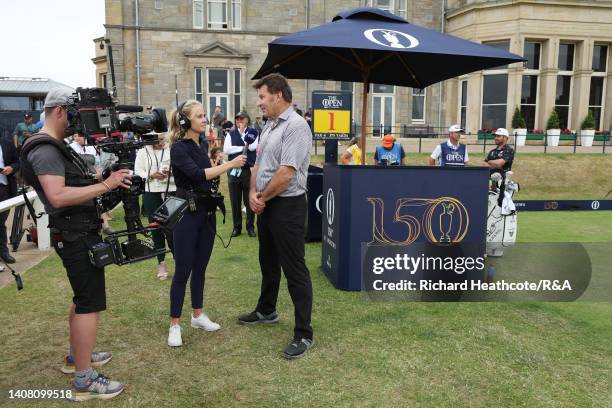 Sir Nick Faldo of England gives a TV interview during the Celebration of Champions prior to The 150th Open at St Andrews Old Course on July 11, 2022...