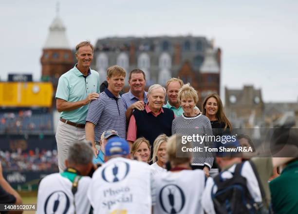 Jack Nicklaus of the United States and wife Barbara Nicklaus pose with family members during the Celebration of Champions prior to The 150th Open at...