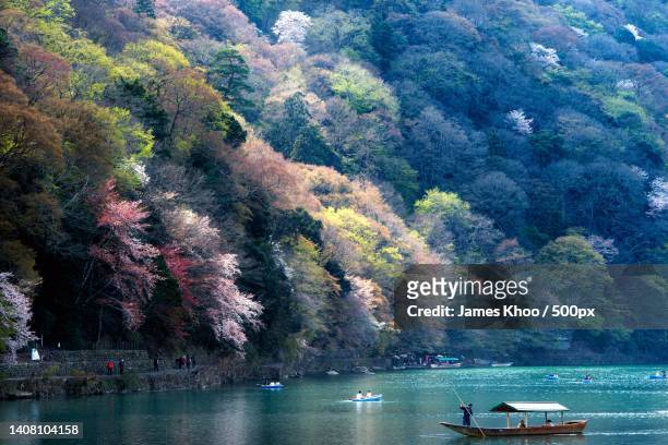 high angle view of boats in lake,kyoto,kinki region,japan - kinki stockfoto's en -beelden