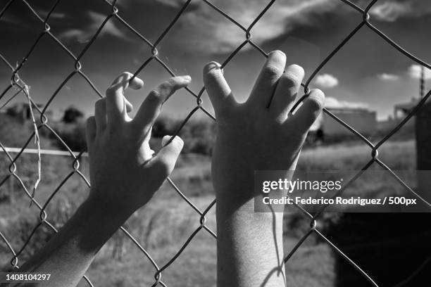 cropped hands of person touching chainlink fence,san miguel de allende,mexico - mexico black and white stock pictures, royalty-free photos & images