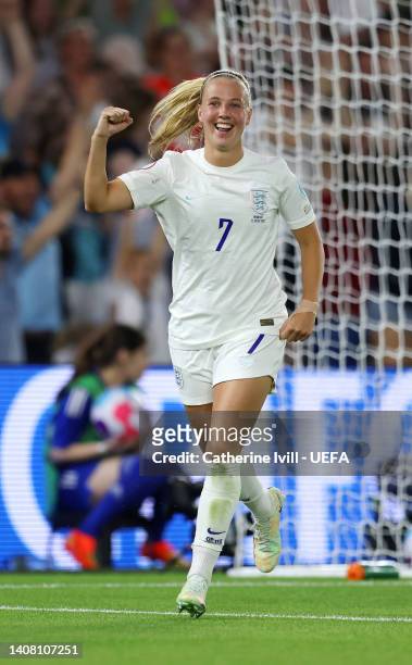 Beth Mead of England celebrates after scoring their sides eighth goal during the UEFA Women's Euro 2022 group A match between England and Norway at...