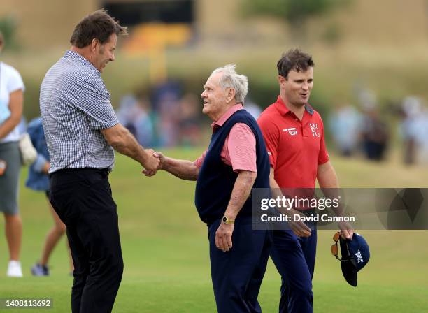 Sir Nick Faldo of England with Jack Nicklaus of The United States during the Celebration of Champions prior to The 150th Open at St Andrews Old...