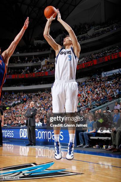 Yi Jianlian of the Dallas Mavericks shoots a jumper against the New York Knicks on March 6, 2012 at the American Airlines Center in Dallas, Texas....