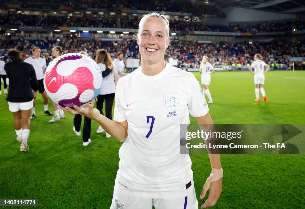 Beth Mead of England picks up the match ball after their hat trick during the UEFA Women's Euro 2022 group A match between England and Norway at...