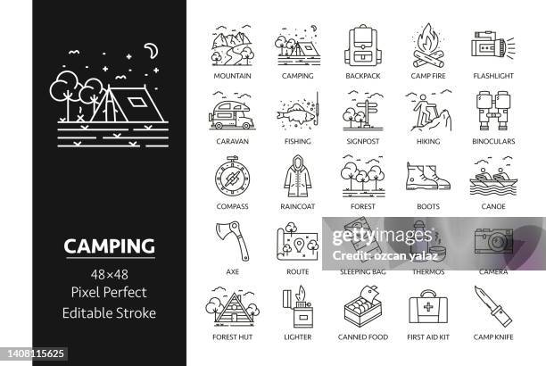 camping line icon set - 背包客 幅插畫檔、美工圖案、卡通及圖標