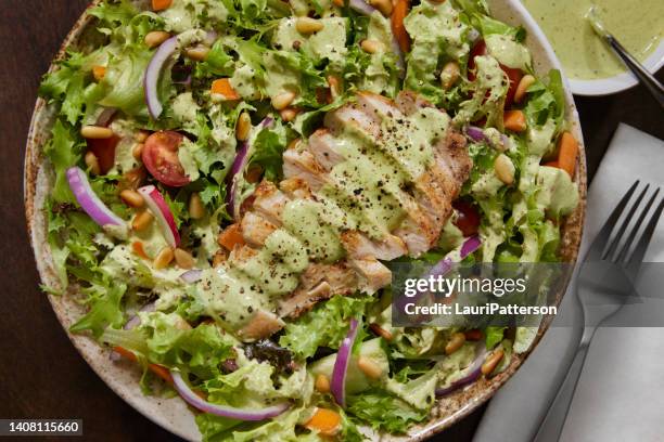 la ensalada viral de la diosa verde con pollo a la parrilla y verduras mixtas - aliño para la ensalada fotografías e imágenes de stock
