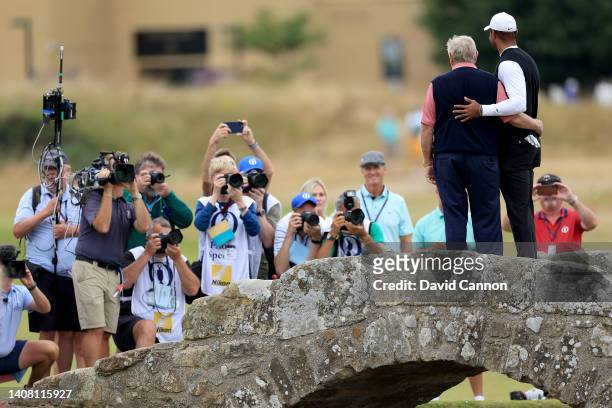 Tiger Woods of The United States poses with Jack Nicklaus of The United States during the Celebration of Champions prior to The 150th Open at St...