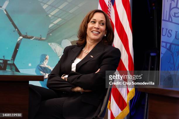 Vice President Kamala Harris attends a briefing with NASA leaders about the first images transmitted back to earth from the new Webb Space Telescope...