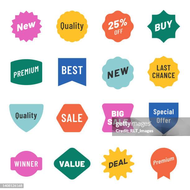 vertriebs- und marketing-bursts & badges – color asset pack - etiketten stock-grafiken, -clipart, -cartoons und -symbole