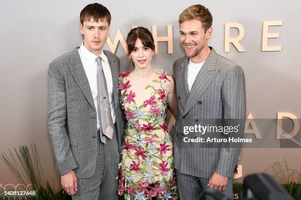 Harris Dickinson, Daisy Edgar-Jones and Taylor John-Smith attend "Where The Crawdads Sing" premiere at Museum of Modern Art on July 11, 2022 in New...