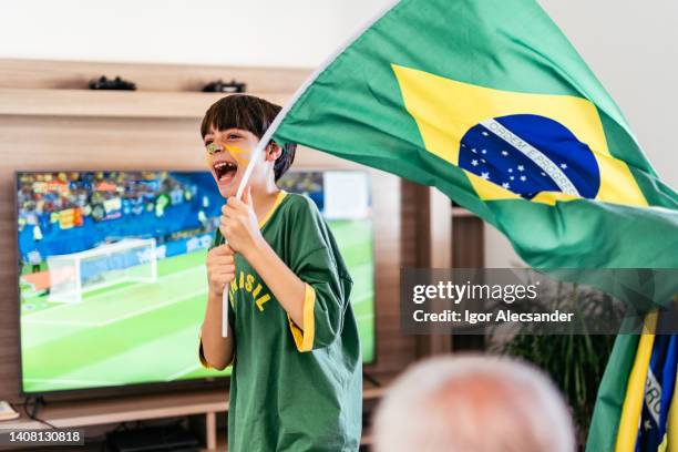 boy celebrating a goal in brazil in the living room - world cup brazil stock pictures, royalty-free photos & images