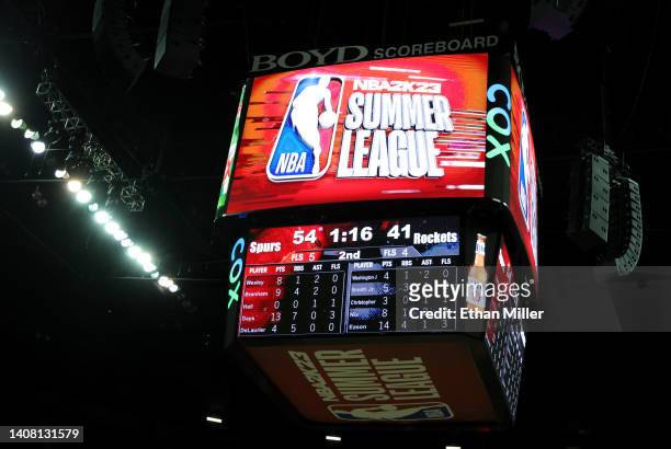 Scoreboard shows an NBA Summer League logo during a game between the San Antonio Spurs and the Houston Rockets during the 2022 NBA Summer League at...