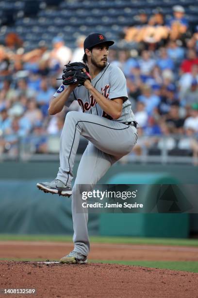 Starting pitcher Alex Faedo of the Detroit Tigers pitches during the 1st inning of game two of a doubleheader against the Kansas City Royals at...