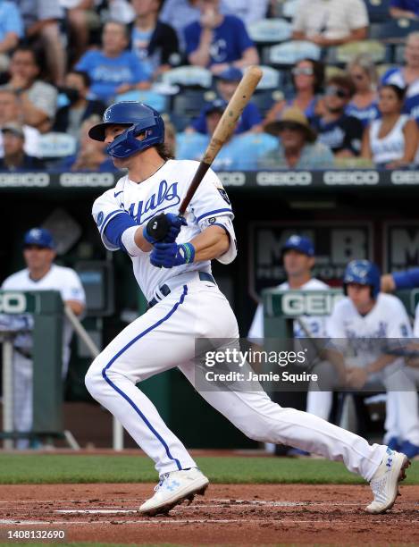 Bobby Witt Jr. #7 of the Kansas City Royals connects for a double during the 1st inning of game two of a doubleheader against the Detroit Tigers at...