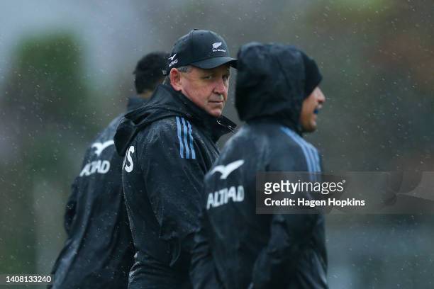 Coach Ian Foster looks on during a New Zealand All Blacks training session at Hutt Recreation Ground on July 12, 2022 in Lower Hutt, New Zealand.