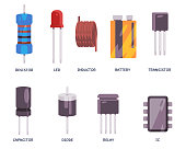 Basic electrical component consist of resistor inductor and transistor design flat icon illustration