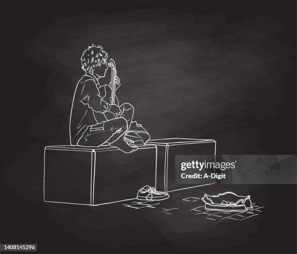 street guitarist playing bare feet blackboard - cobblestone stock illustrations