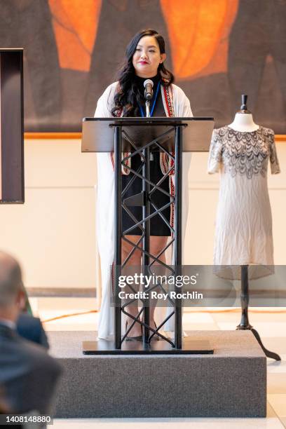 And founder of Rise Amanda Nguyen speaks during the "What Were You Wearing" exhibit by Rise on display at United Nations on July 11, 2022 in New York...