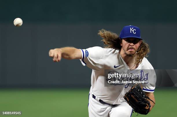 Pitcher Scott Barlow of the Kansas City Royals warms up prior to the 9th inning of game two of a doubleheader against the Detroit Tigers at Kauffman...