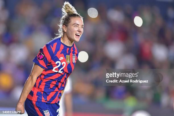 Kristie Mewis of USA celebrates after scoring her team's first goal during the match between United States and Mexico as part of the 2022 Concacaf W...