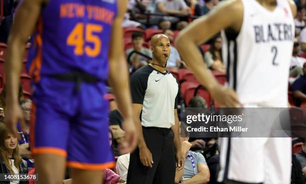 Sports analyst and former NBA player Richard Jefferson officiates the second quarter of a game between the New York Knicks and the Portland Trail...