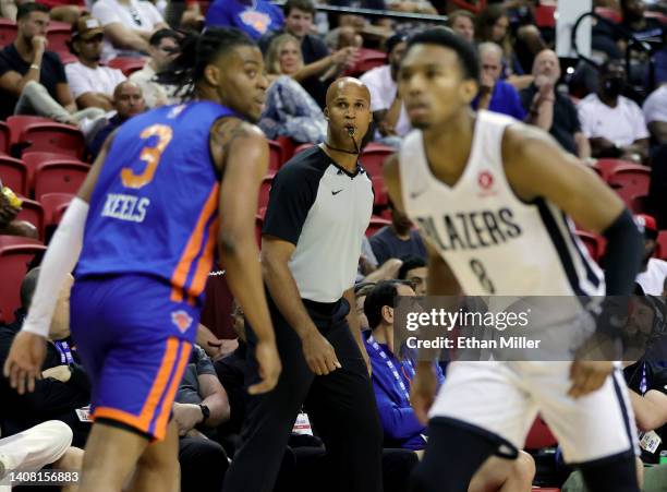 Sports analyst and former NBA player Richard Jefferson officiates the second quarter of a game between the New York Knicks and the Portland Trail...