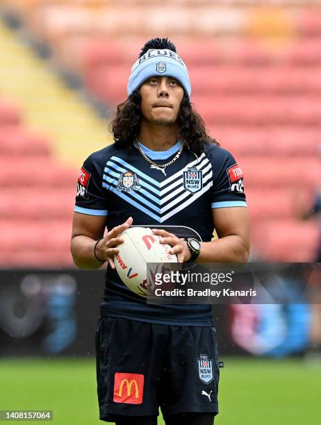 Jarome Luai during a New South Wales Blues State of Origin training session at Suncorp Stadium on July 12, 2022 in Brisbane, Australia.