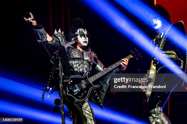 Gene Simmons and Tommy Thayer of KISS perform at Arena di Verona on July 11, 2022 in Verona, Italy.